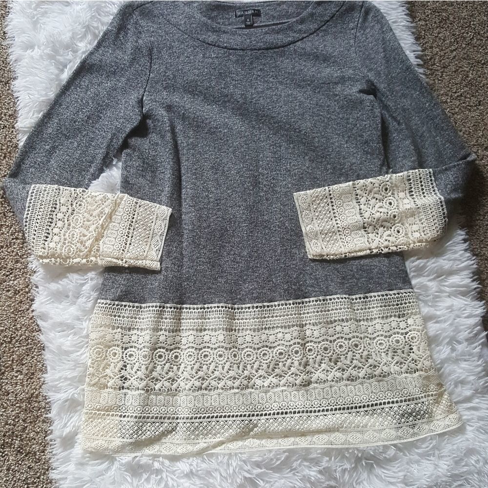 HANNAH Gray‎ and Cream Lace Long Sleeve Top Size Small New without tags